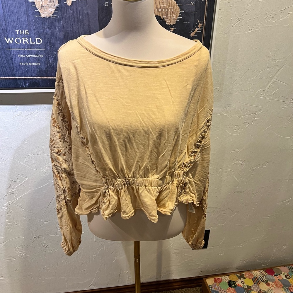 Free People cropped tan top with patchwork design